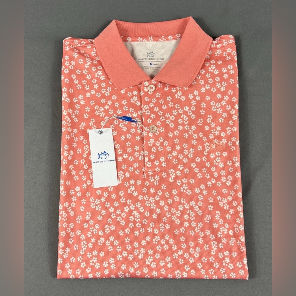 Southern Tide Golf Shirt Polo Floral Print Medium Pink Polyester Spandex